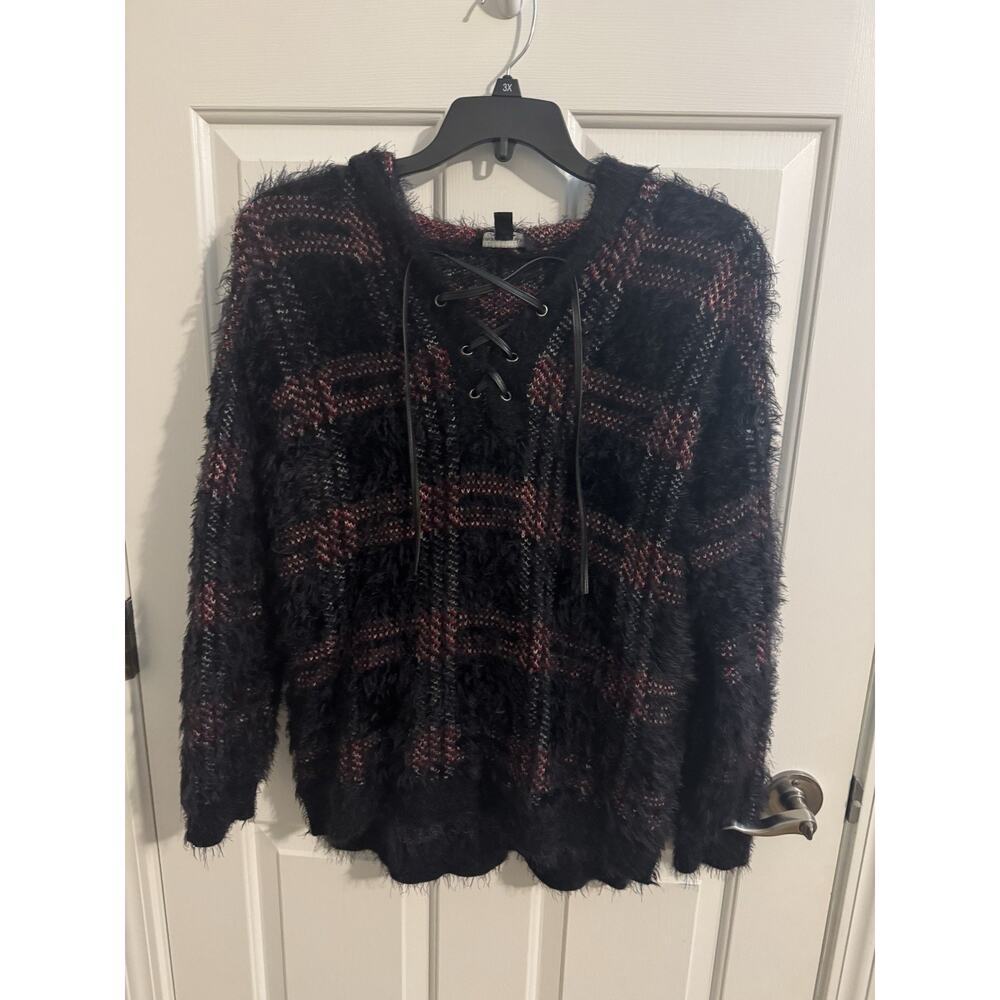 Rock & Republic Fuzzy Lash Plaid Lace Up Pullover Hoodie Sweater Black Red M - Picture 2 of 9